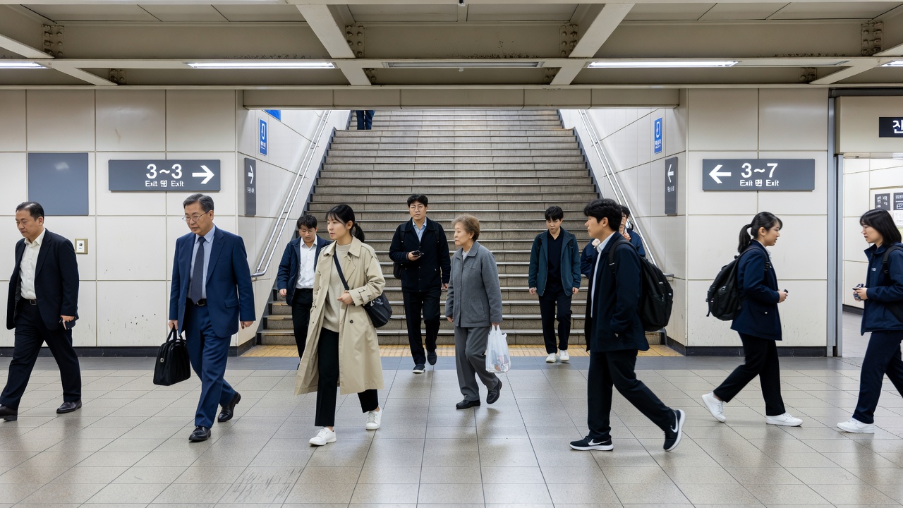 마포구청역 5번출구 근처로 향하는 지하철 역사 내부
