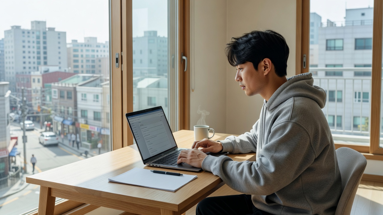 홍대부동산 실거래가 확인을 위해 컴퓨터를 사용하는 모습